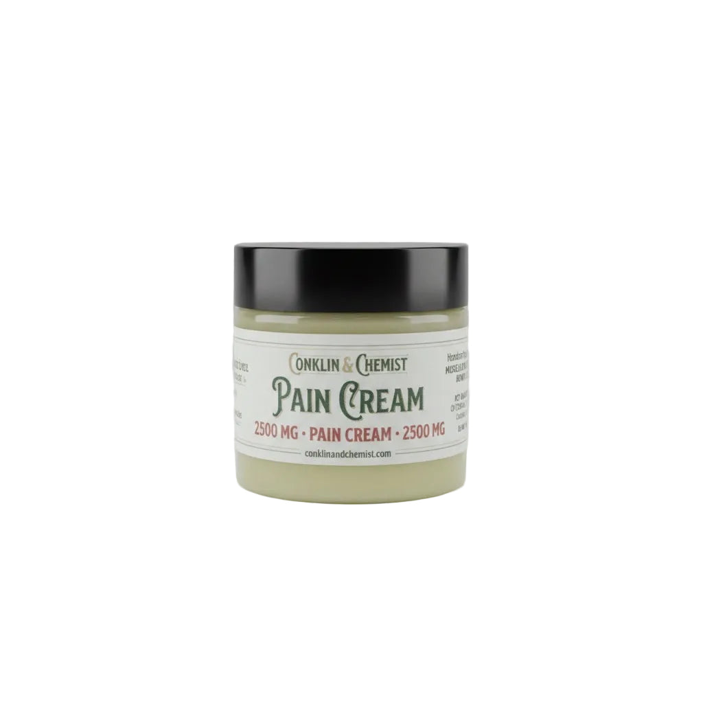CONKLIN & CHEMIST Botanical Recovery Cream in a small-batch jar with a black lid for soothing muscle relief.
