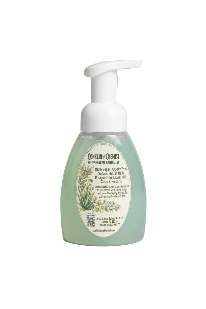 CONKLIN & CHEMIST regenerative foaming hand soap in a clear bottle with a white pump, featuring botanical label art.