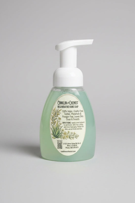 CONKLIN & CHEMIST regenerative foaming hand soap in a clear bottle with a white pump, featuring botanical label art.